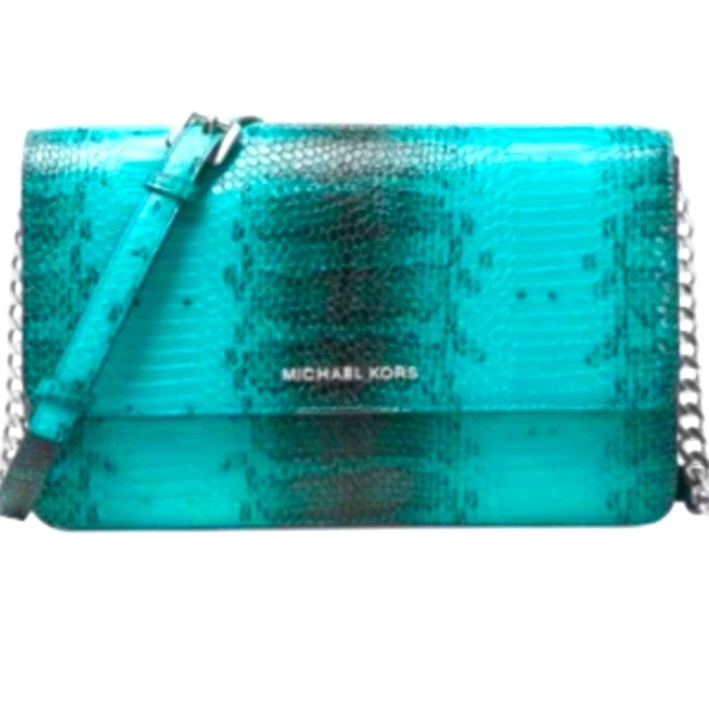 ⭐️NWT⭐️ MICHAEL KORS Tile Blue Medium Gusset Crossbody Python Embossed Leather